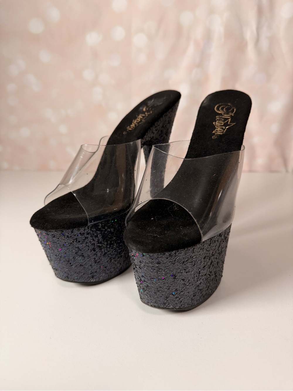 PLEASER Black Glitter Platform Heels Mules Sandals